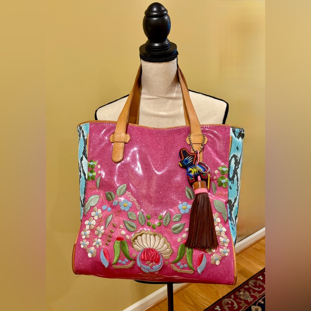 CONSUELA Vibrant Pink Glitter and Blue Reptile Tote Bag with Floral Pattern
